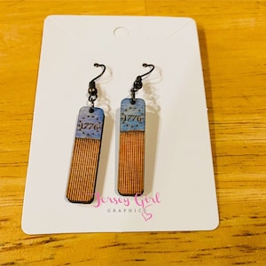 Vintage American flag wooden dangle earrings rectangle 4th of July fourth gift fashion engraved 1776 patriotic stars stripes hamilton wash
