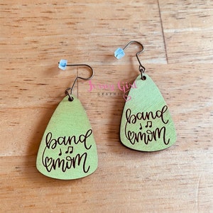 Band mom guitar pick wooden dangle earring gift birthday mother mama momma marching high school support love pic painted music