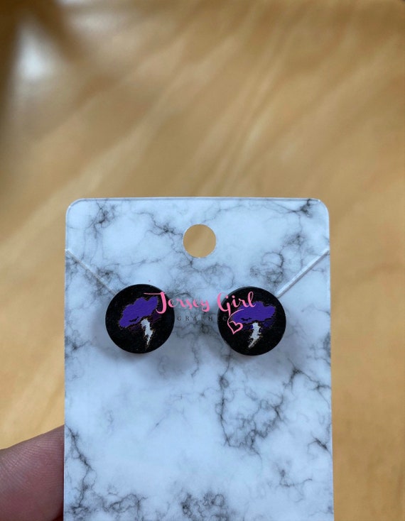Lightning cloud wooden stud earrings Virgil logo sanders side inspired purple black plaid wood gift cute hand painted