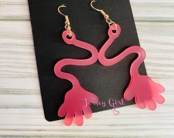 Retro Toy Sticky hand acrylic dangle earrings fun vintage slap gooey funky 80s 90s quirky classic