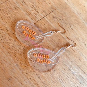 Good soup bowl acrylic dangle earrings gift funny humor holiday white elephant birthday Adam driver reel viral tik meme spoon kitchen unique