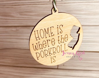 El hogar es donde el pork rollón de madera adorno navideño Sunny shore wildwood nj Nueva Jersey divertido recuerdo regalo de vacaciones taylor ham girl corazón