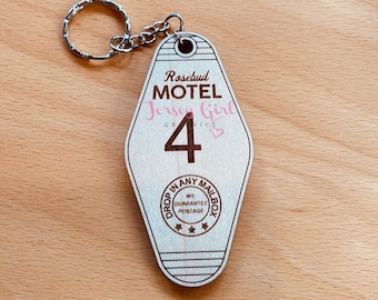 Wooden motel style key ring keychain hotel rosebud room vintage ornament gift wood lasercut engraved tweeter post