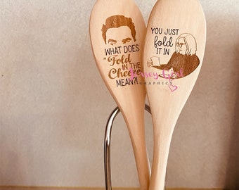 Set of 2 wooden engraved kitchen spoons fold in the cheese funny humor gift creek rose David Moira decor mix stir bake cook sch gag birthday