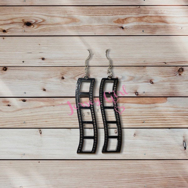 Vintage film strip black acrylic dangle earrings gift birthday photo photographer videographer movies actor actress develop retro boho