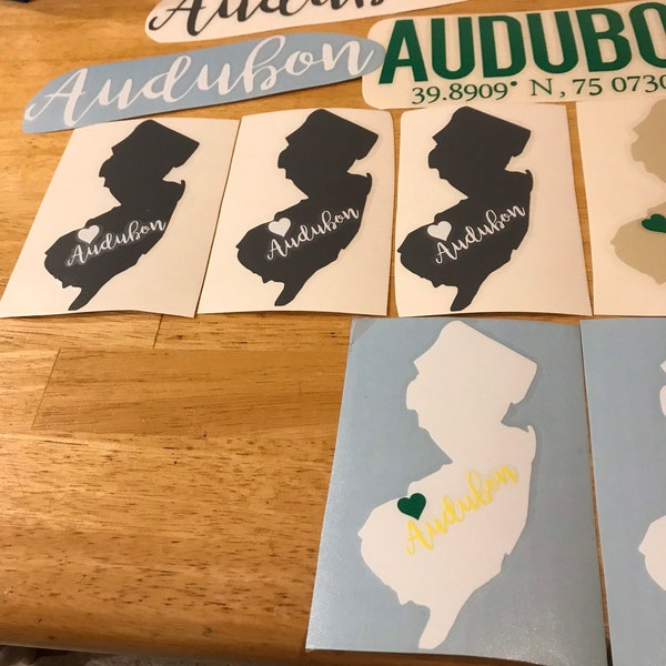 Audubon New Jersey home Town Pride vinyl decal sticker car wall glass gift NJ green gold create your own!