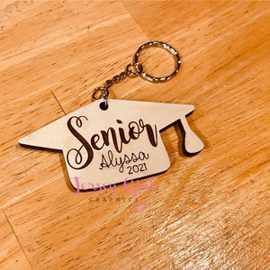 Senior Graduation Cap Any year wooden keychain Grad gift high school college party engraved personalized name wood graduate proud teen 2022