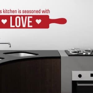 Kitchen is seasoned with love wall decal vinyl sticker decor rolling pin baking gift cook baker birthday bakery