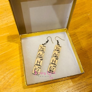 Teacher wooden earrings periodic table science geek birthday gift wood engrave keychain custom school class classroom teach bus virtual book