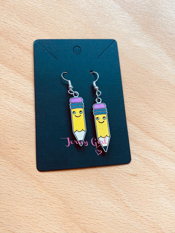 Wooden hand painted cute pencil dangle earrings wood diy teacher gift back  to school kawaii learning writing