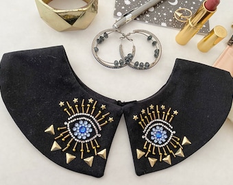 Black collar with third eye embroidered with Swarovski rhinestones, detachable Peter Pan woman collar embellished with esoteric crystal eye