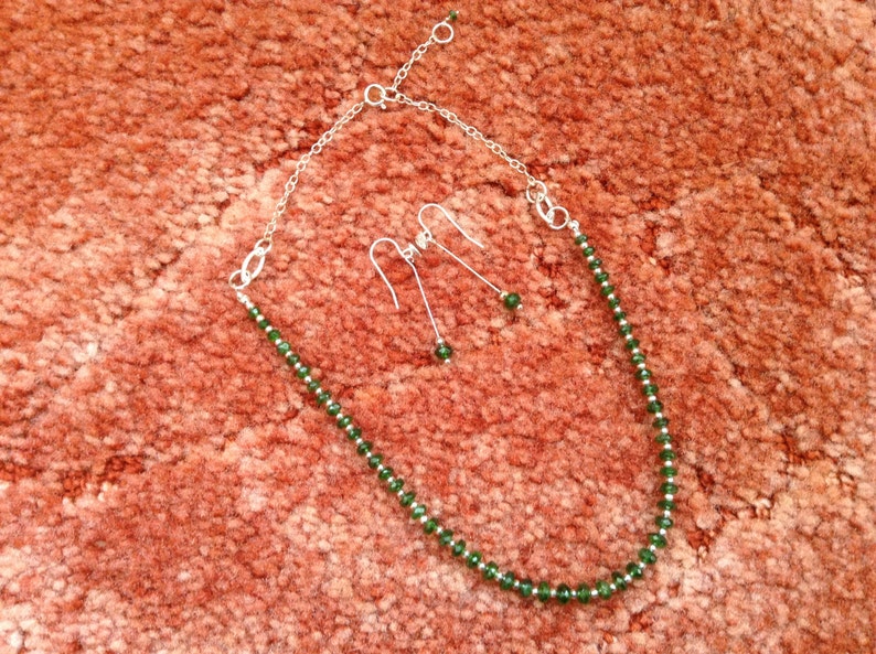 Statement necklace and earrings set Forest green gems Sterling silver set Russian Chrome Diopside set