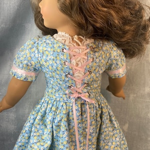 Puede incluir: Un vestido floral azul y blanco con una cinta rosa y lazada en la espalda. El vestido tiene un corpi&ntilde;o ajustado y una falda completa.