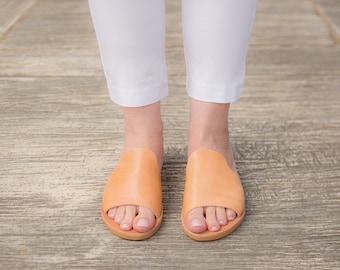 Handmade Natural Leather Greek Slides Sandals, Summer Strappy Flats