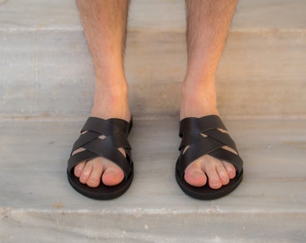 Zwarte mannen sandalen, mannen lederen sandalen, mannen dia's, mannen sandalen, handgemaakte mannen sandalen, zomer sandalen voor mannen, Criss cross mannen sandalen