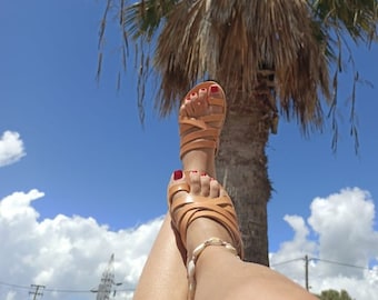 Handmade Leather Greek Strappy Flat Sandals, Summer Chic Footwear