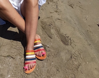 Handmade Greek Leather Strappy Sandals, Women's Summer Flat Slides