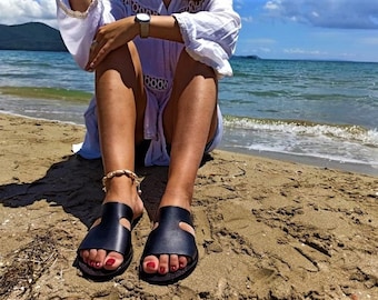 Handmade Black Leather Strappy Sandals: Greek Gladiator Flats