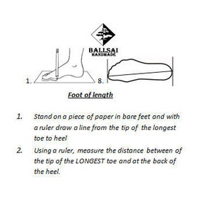 May include: Diagram illustrating how to measure foot length for shoe sizing. The image shows a foot outline, a ruler, and instructions to measure from the longest toe to the heel. The brand logo "BALLSAI HANDMADE" is at the top.