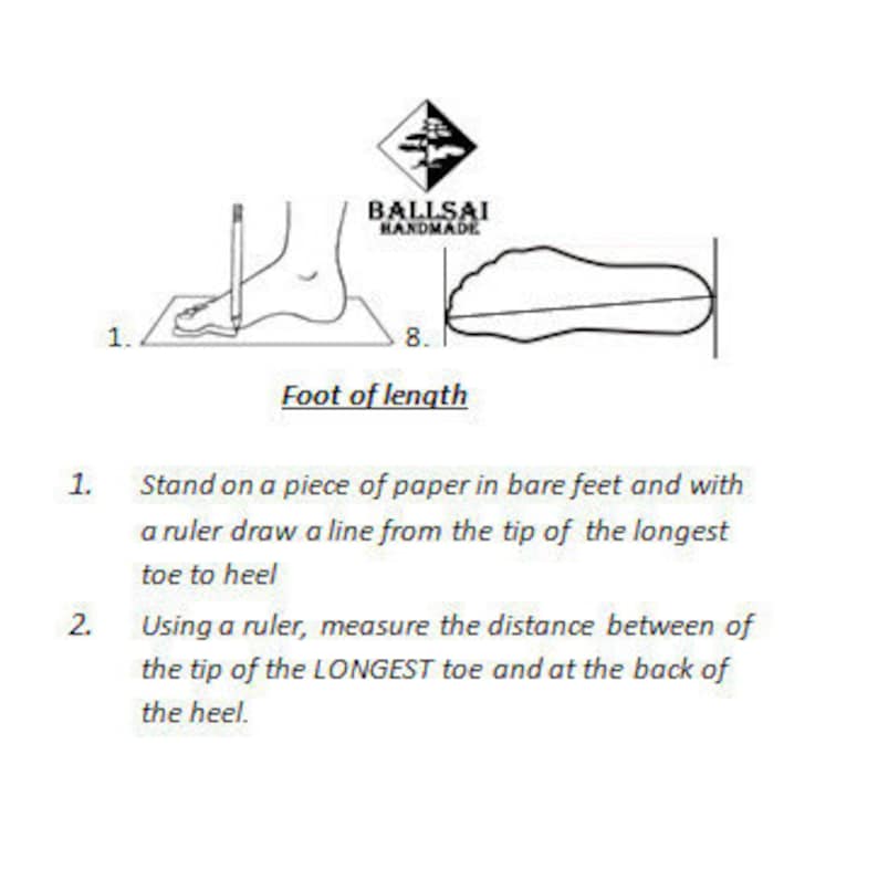 May include: Diagram illustrating how to measure foot length for shoe sizing. The image shows a foot outline, a ruler, and instructions to measure from the longest toe to the heel. The brand logo "BALLSAI HANDMADE" is at the top.