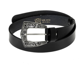 Black Leather Belt With Fine Gold Buckle Narrow Ladies Belt  display picture 3