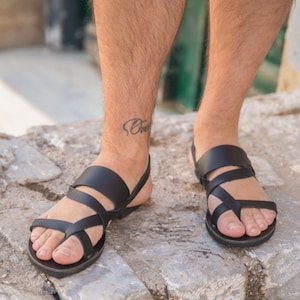 Handmade Black Leather Greek Sandals, Summer Slides