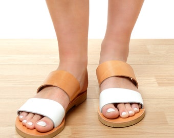 Handmade Two Strap Leather Sandals, Greek Style Flat Summer Footwear