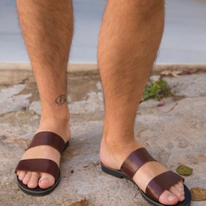 Handmade Leather Roman Sandals for Men, Brown Summer Slides