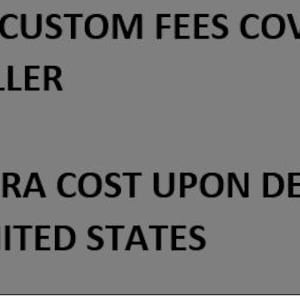 May include: A gray rectangular graphic with black text. The text reads: "ALL US CUSTOM FEES COVERED BY THE SELLER" and "NO EXTRA COST UPON DELIVERY IN THE UNITED STATES."