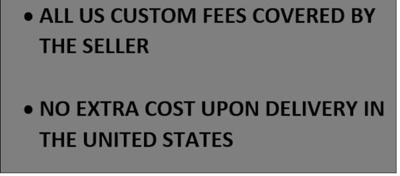 May include: A gray rectangular graphic with black text. The text reads: "ALL US CUSTOM FEES COVERED BY THE SELLER" and "NO EXTRA COST UPON DELIVERY IN THE UNITED STATES."