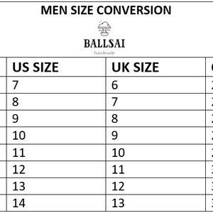 May include: A size conversion chart for men's shoes, with EU, US, UK, and CM sizes. The chart includes sizes from EU 40 (US 7, UK 6, 26.6 cm) to EU 47 (US 14, UK 13, 31.5 cm). The brand name "BALLSAI handmade" is at the top.
