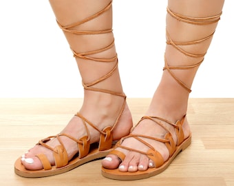 Handmade Leather Gladiator Sandals, Strappy Lace-Up Greek Style Women's Summer Shoes