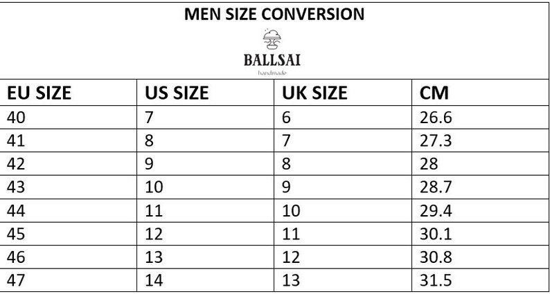 May include: A size conversion chart for men's shoes, with EU, US, UK, and CM sizes. The chart includes sizes from EU 40 (US 7, UK 6, 26.6 cm) to EU 47 (US 14, UK 13, 31.5 cm). The brand name "BALLSAI handmade" is at the top.
