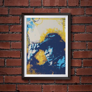 May include: A watercolor painting of a person wearing a blue hat and jacket. The background is a yellow and blue abstract design.