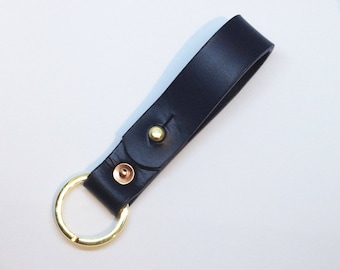 Handmade leather key ring. key fob, key loop. Black veg tanned leather