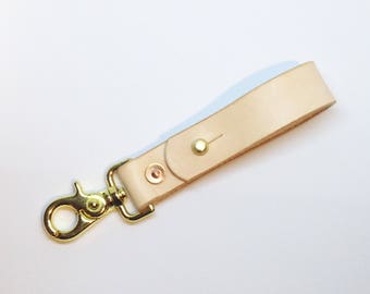 Handmade leather key clasp. key fob, key loop. Natural veg tanned leather