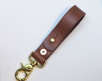 Handmade leather key clasp. key fob, key loop. mid-brown tanned leather