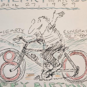 Original Signed Ed Koren, Pen and Ink, Famed New Yorker Comic Artist, Circa 1989, Guy on a Bicycle