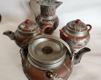 Antique Yixing Pewter Tea Set: Dragon Motif, YEE DZU Mark, Circa