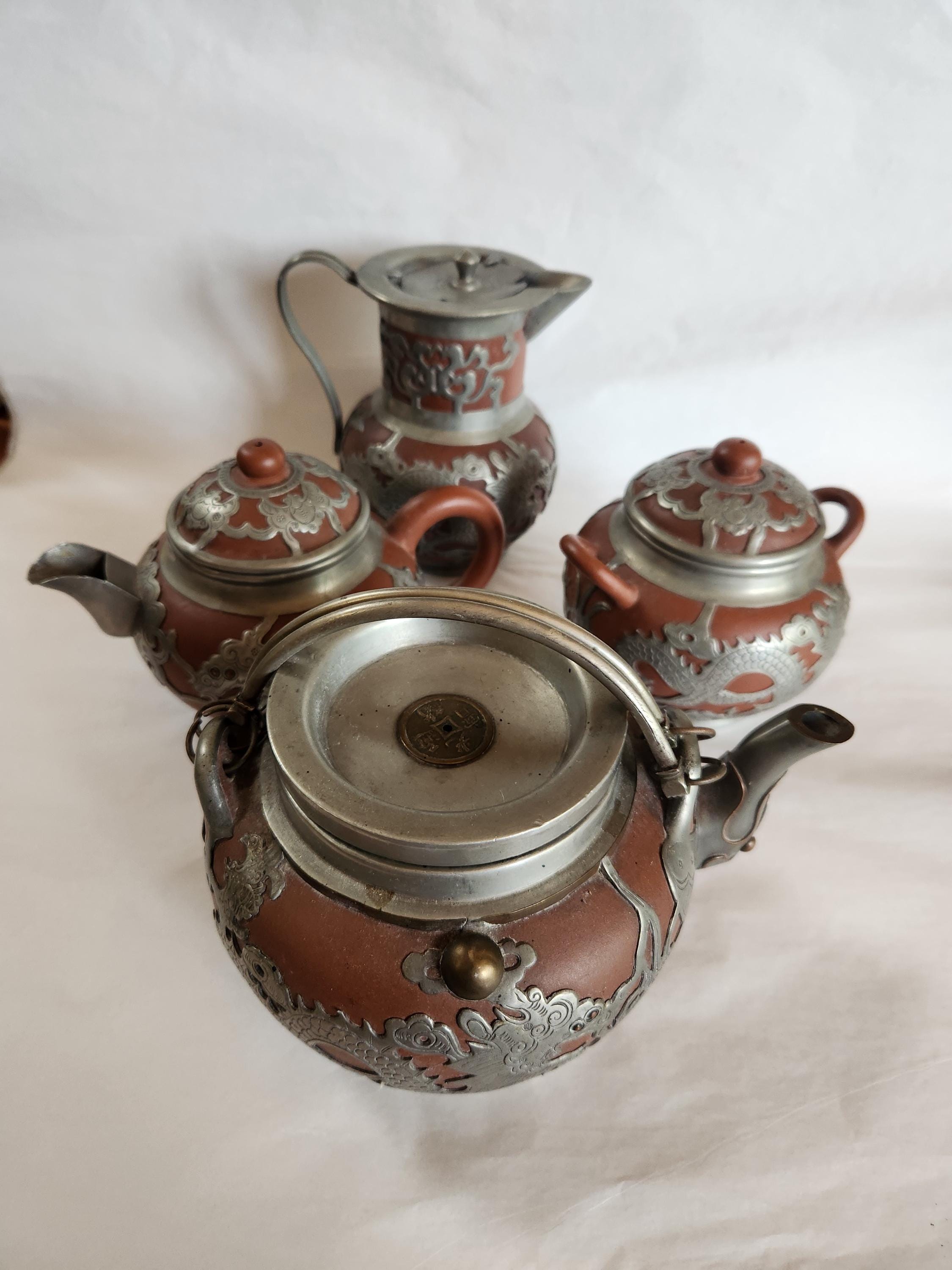 Antique Yixing Pewter Tea Set: Dragon Motif, YEE DZU Mark, Circa