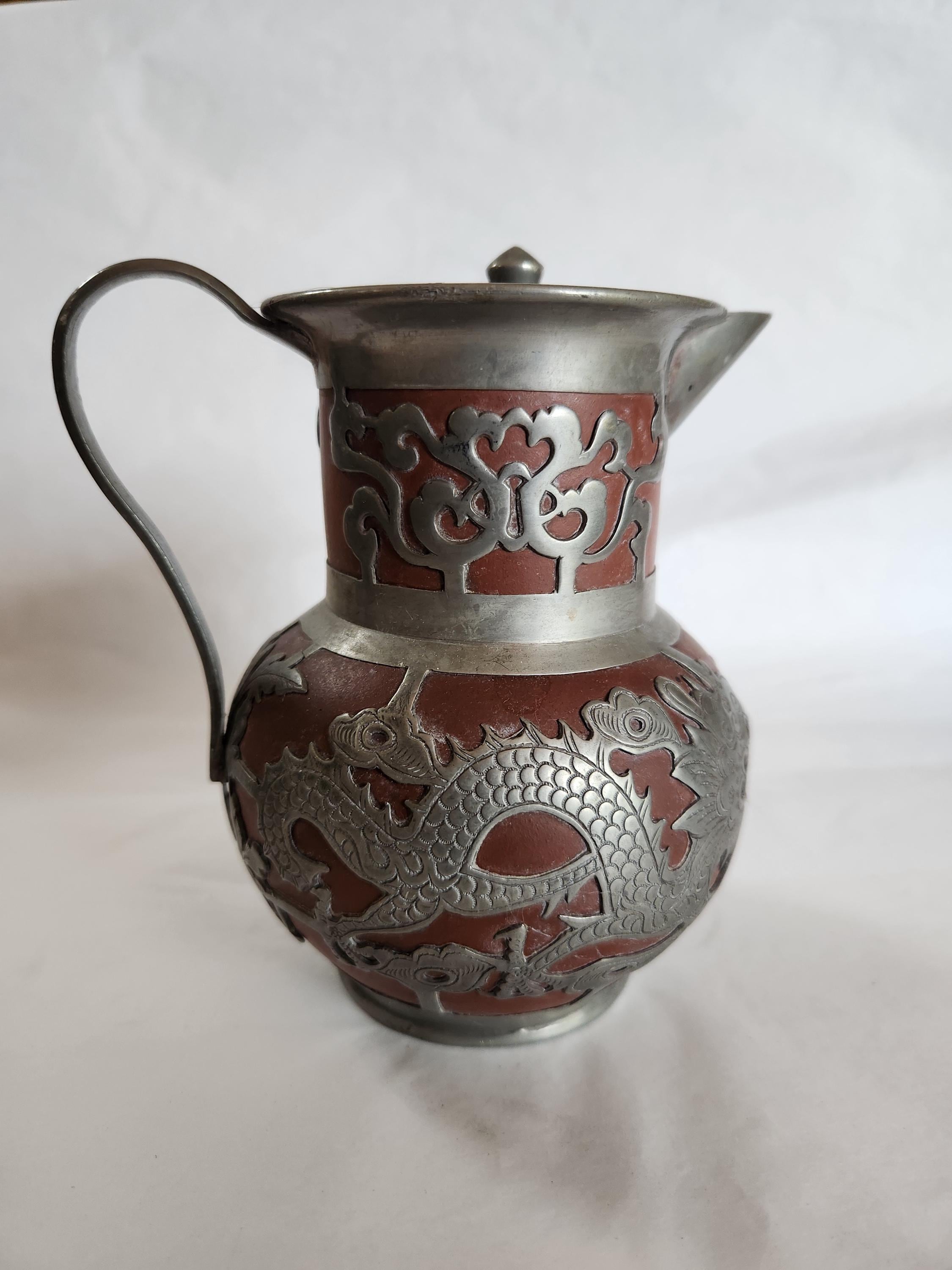 Antique Yixing Pewter Tea Set: Dragon Motif, YEE DZU Mark, Circa