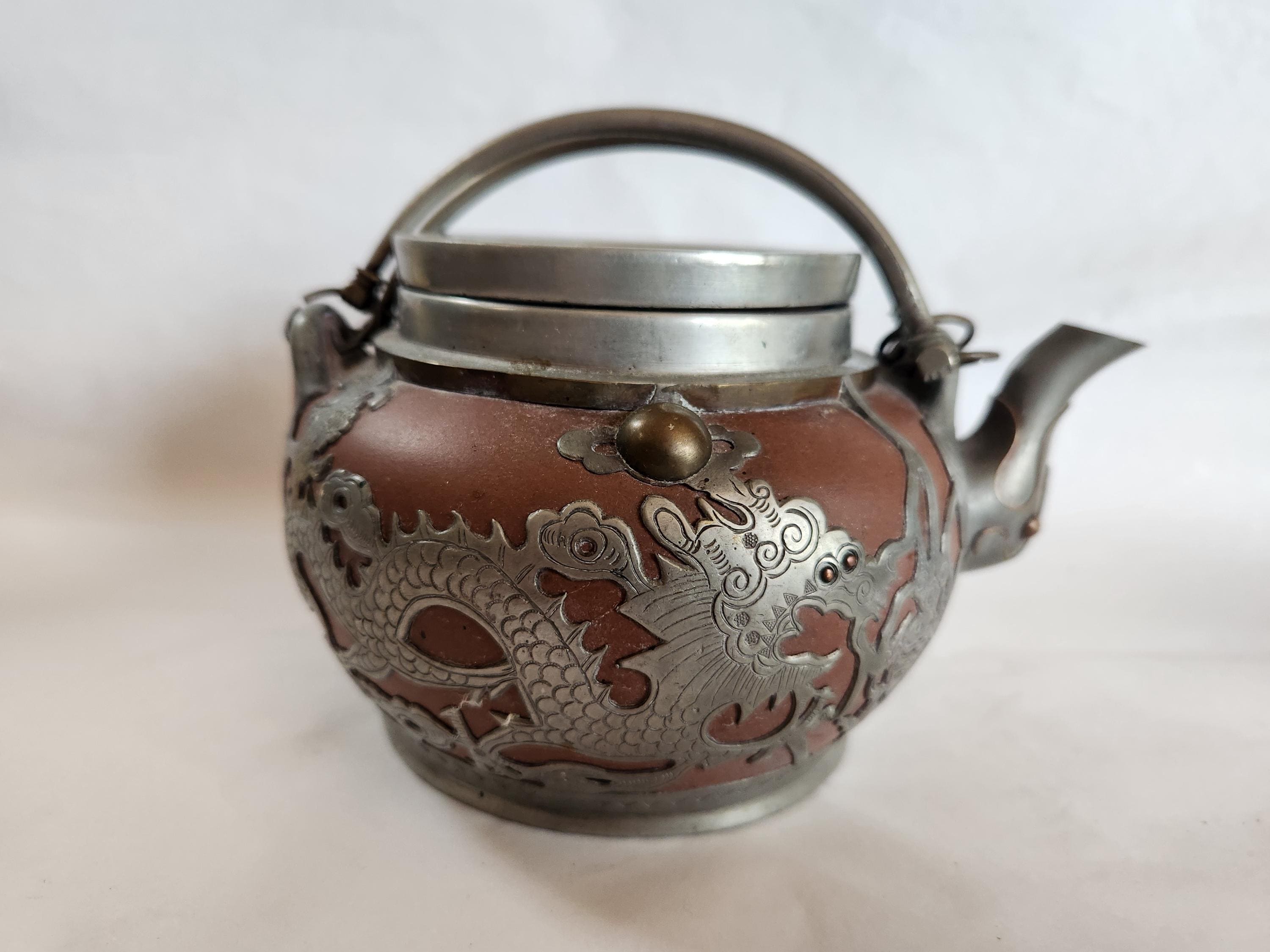 Antique Yixing Pewter Tea Set: Dragon Motif, YEE DZU Mark, Circa