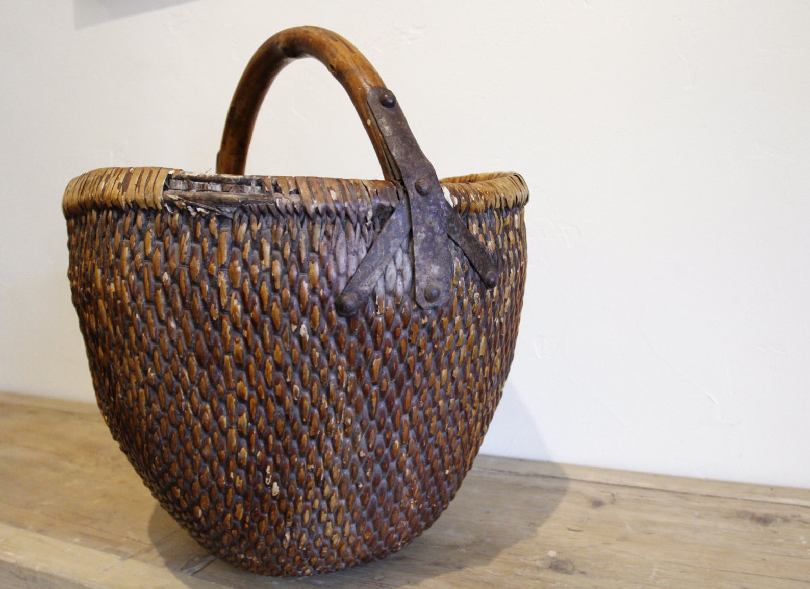 Antique Chinese Willow Basket Vintage Wooden Handle Basket Etsy