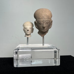 Pre-Columbian Guangala Clay Heads. Ecuador. Circa 300 AD. Classy Lucite stand!