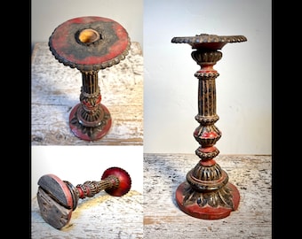 Antique Candlestick. Northern Vietnam. 19th Century. Christian. French Influence. 11”tall. Black and Red Lacquer.