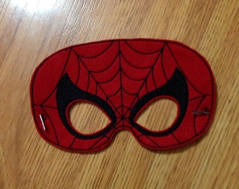 May include: Red felt mask with a black spider web design and black eye holes.