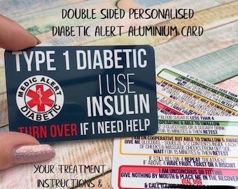 Medical alert card for T1 Diabetes, aluminium medical ID card for Type 1 diabetic, personalised wallet insert card, custom medical ID