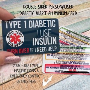 Medical alert card for T1 Diabetes, aluminium medical ID card for Type 1 diabetic, personalised wallet insert card, custom medical ID