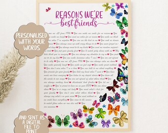 Reasons we're best friends personalised print, BFF gift, gift for best friend, things I love about you, Personalized quotes