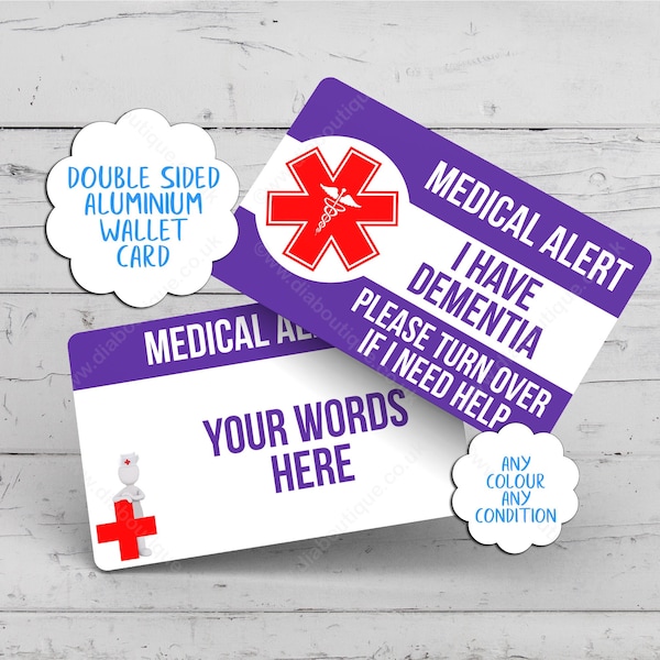 Personalised MEDICAL ALERT card for Dementia awareness, Asthma awareness, T1 Diabetes, Ehlers Danlos, Epilepsy awareness, POTS awareness